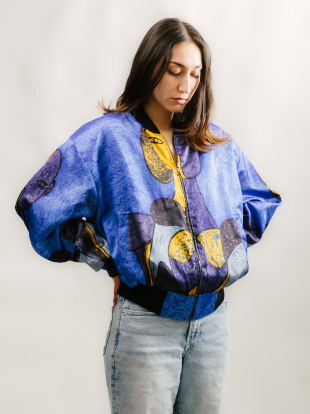 80s Picasso Jacket (L) large blue yellow vintage satin streetwear korean cool